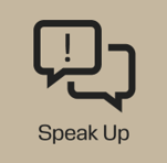 Illustration with two speech bubbles of which one has an exclamation mark in it. Below the speech bubbles there is a text that says Speak Up.